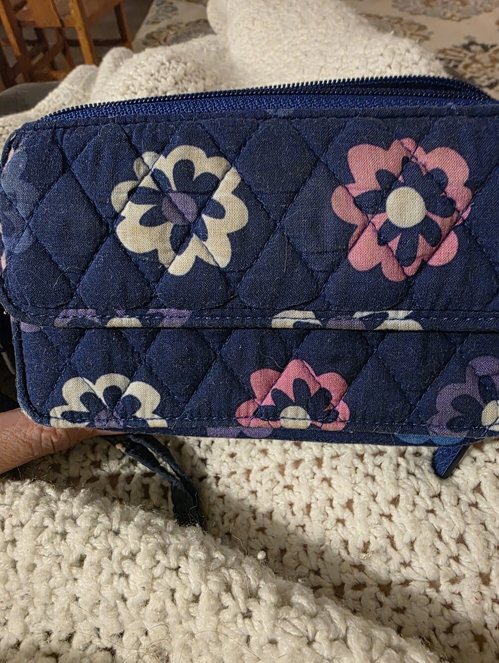 Quilted Floral Wristlet - Navy with Pink & Cream Flowers